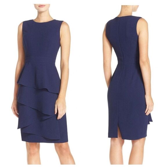 Eliza J Ella Ruffle Cascade Crepe Sheath Navy Blue Dress - Picture 1 of 9